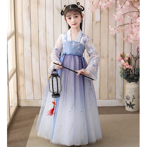 Girls kids blue pink gradient chinese fairy hanfu birthday party princess dress chinese ancient folk costumes stage performance cosplay dress for children
